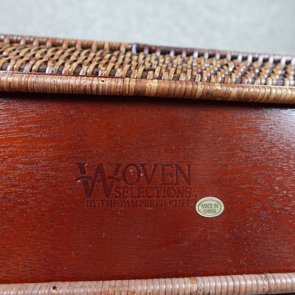 Pampered Chef Woven Selections Rattan Serving Tray Rectangular Brown Wood Base - Picture 2 of 9